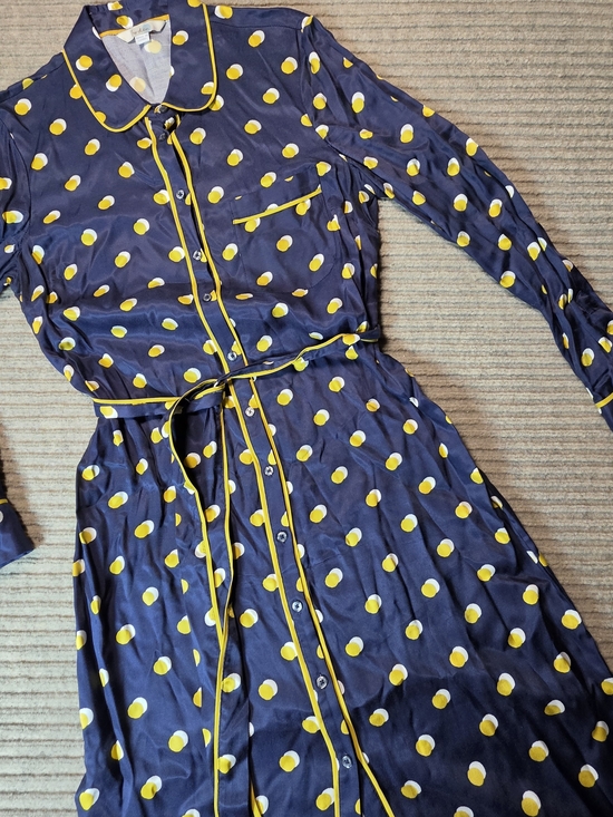 Boden Dresses & Skirts - Boden Jenna Button Up Shirt Dress US 8R Navy- Yellow Polka Dots Tie Midi Length